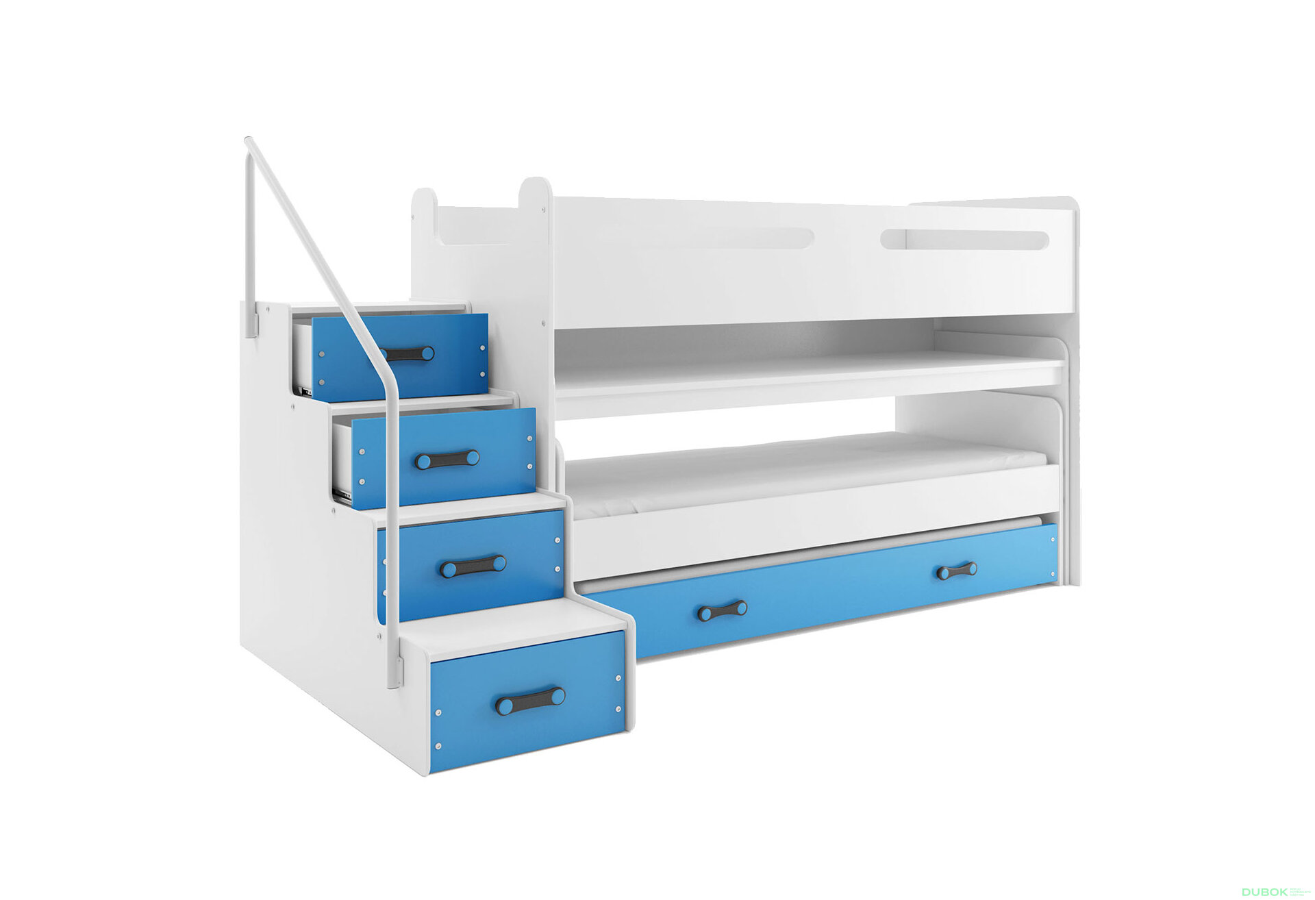 Obrázek 1 - Patrová postel Max 1 pro tři osoby bílé / modrý 80x200 cm s roštem, matrací
