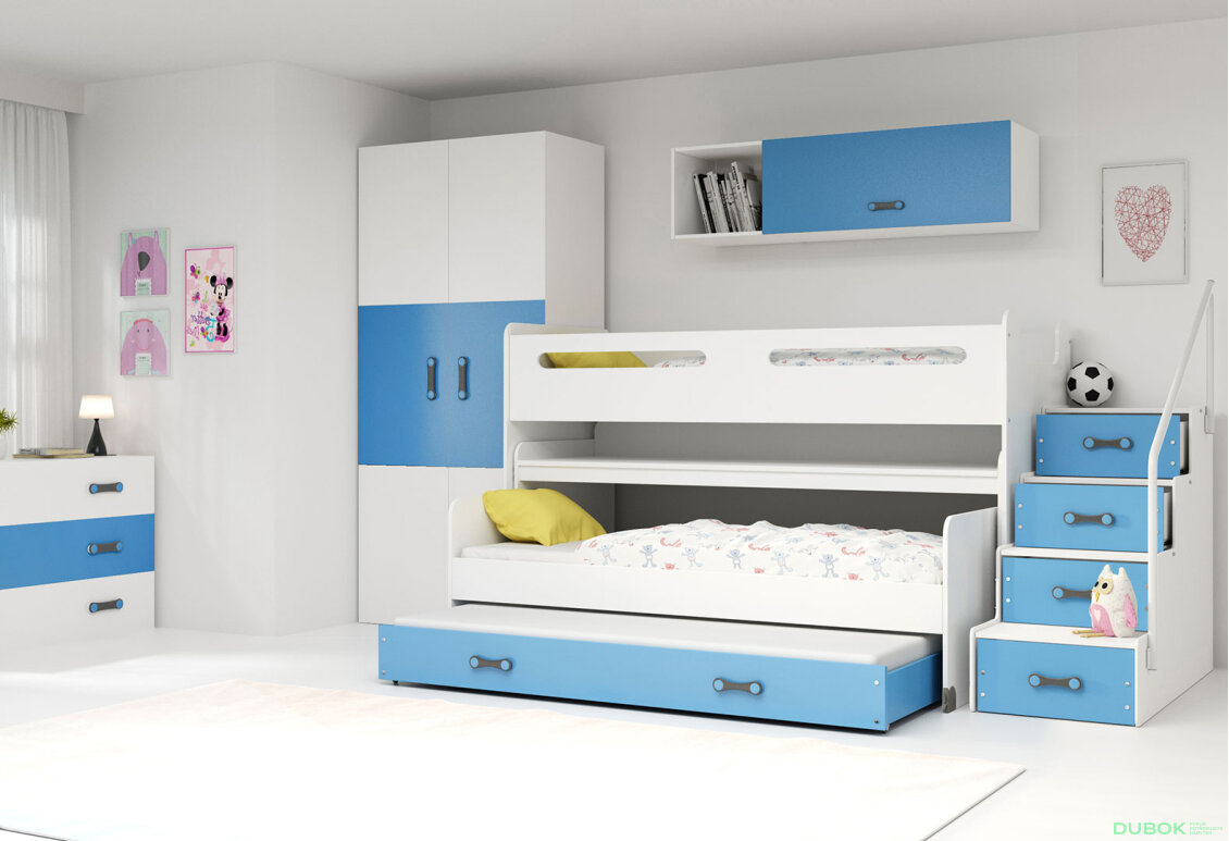 Obrázek 4 - Patrová postel Max 1 pro tři osoby bílé / modrý 80x200 cm s roštem, matrací