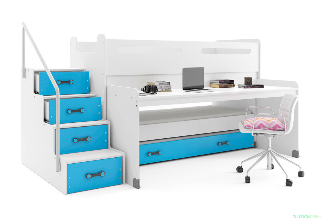 Obrázek 2 - Patrová postel Max 1 pro tři osoby bílé / modrý 80x200 cm s roštem, matrací