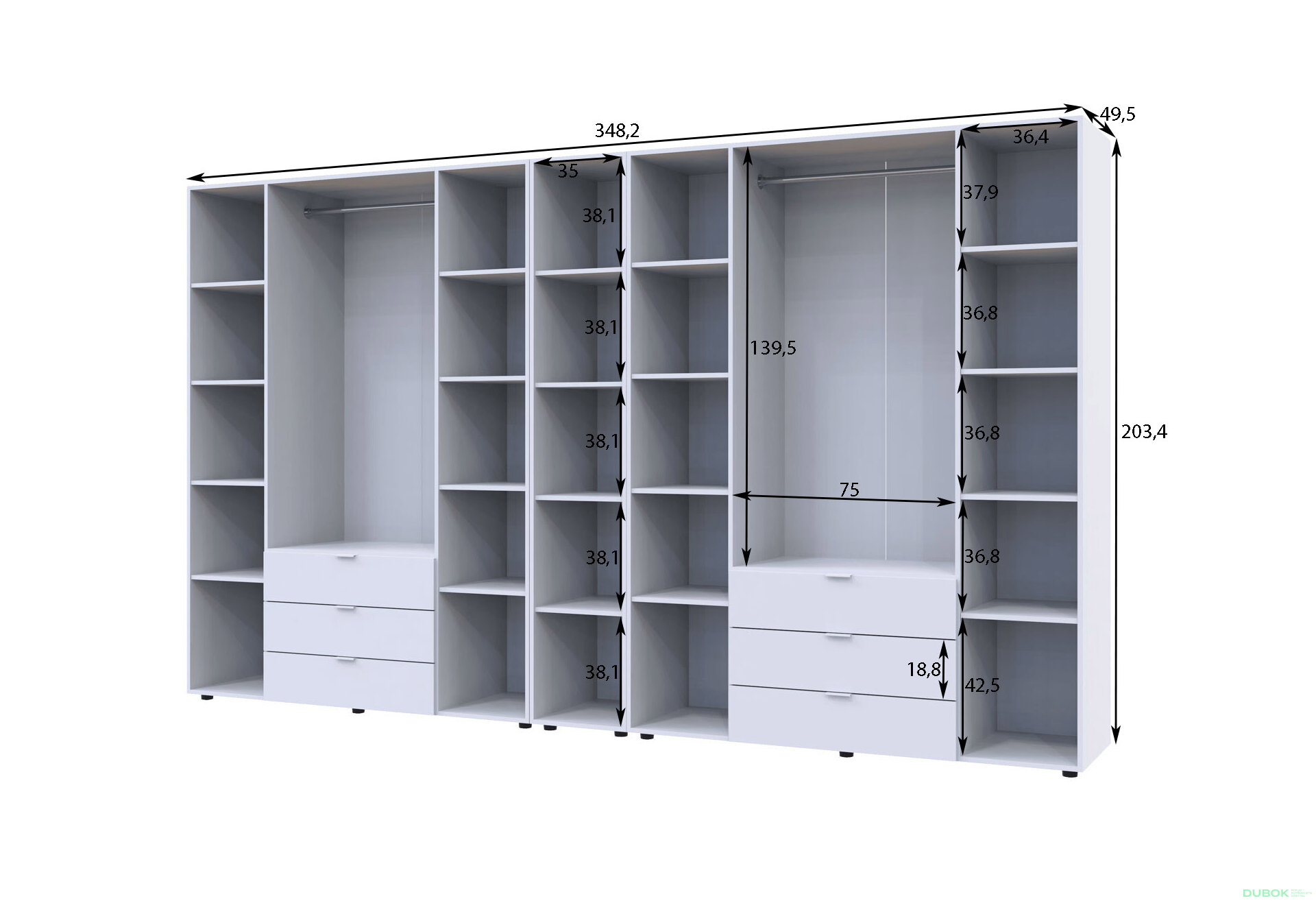 Obrázek 7 - Skříň osmidveřová s regálem Gelar 348.2 cm Dub sonoma