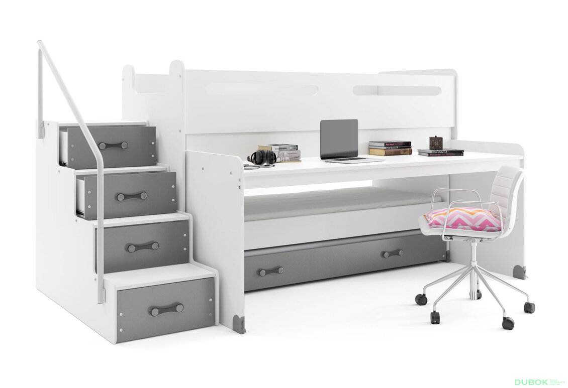 Obrázek 2 - Patrová postel Max 1 pro tři osoby bílé / grafit 80x200 cm s roštem, matrací