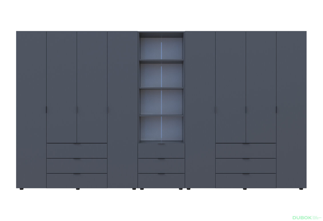 Obrázek 3 - Skříň osmidveřová s regálem se zásuvkami Gelar 370 cm grafit