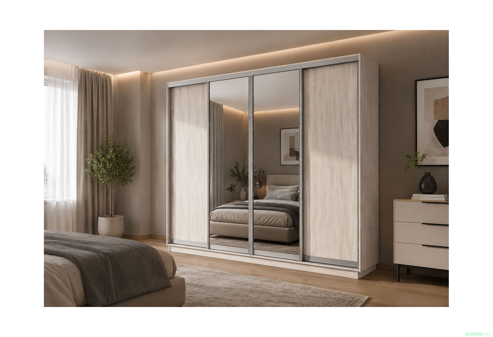 Obrázek 2 - Šatní skříň s posuvnými dveřmi 4D 2800x2300x450 2LTD 2 zrcadla artwood světlý, profil stříbrný