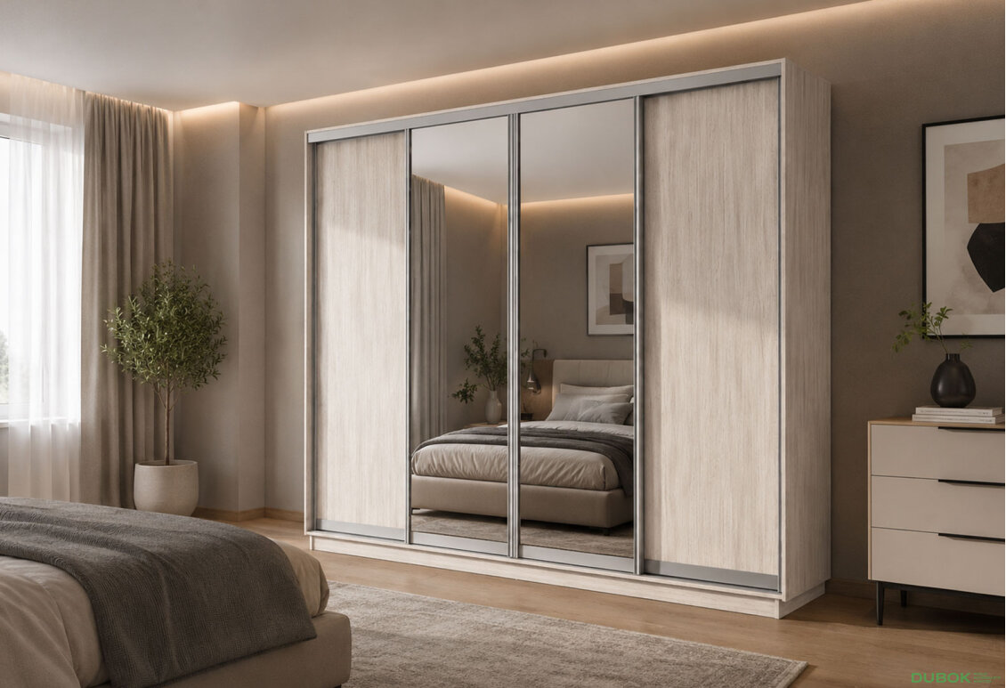 Obrázek 2 - Šatní skříň s posuvnými dveřmi 4D 2800x2300x450 2LTD 2 zrcadla artwood světlý, profil stříbrný