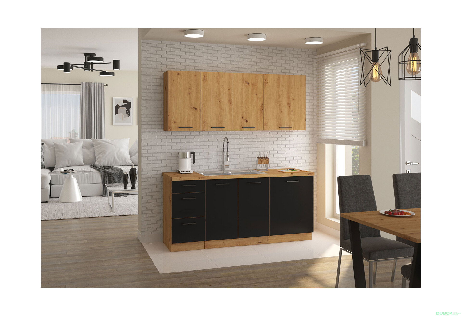 Obrázek 1 - Kuchyňská sestava 1.8 m dub artisan / černý mat Modena