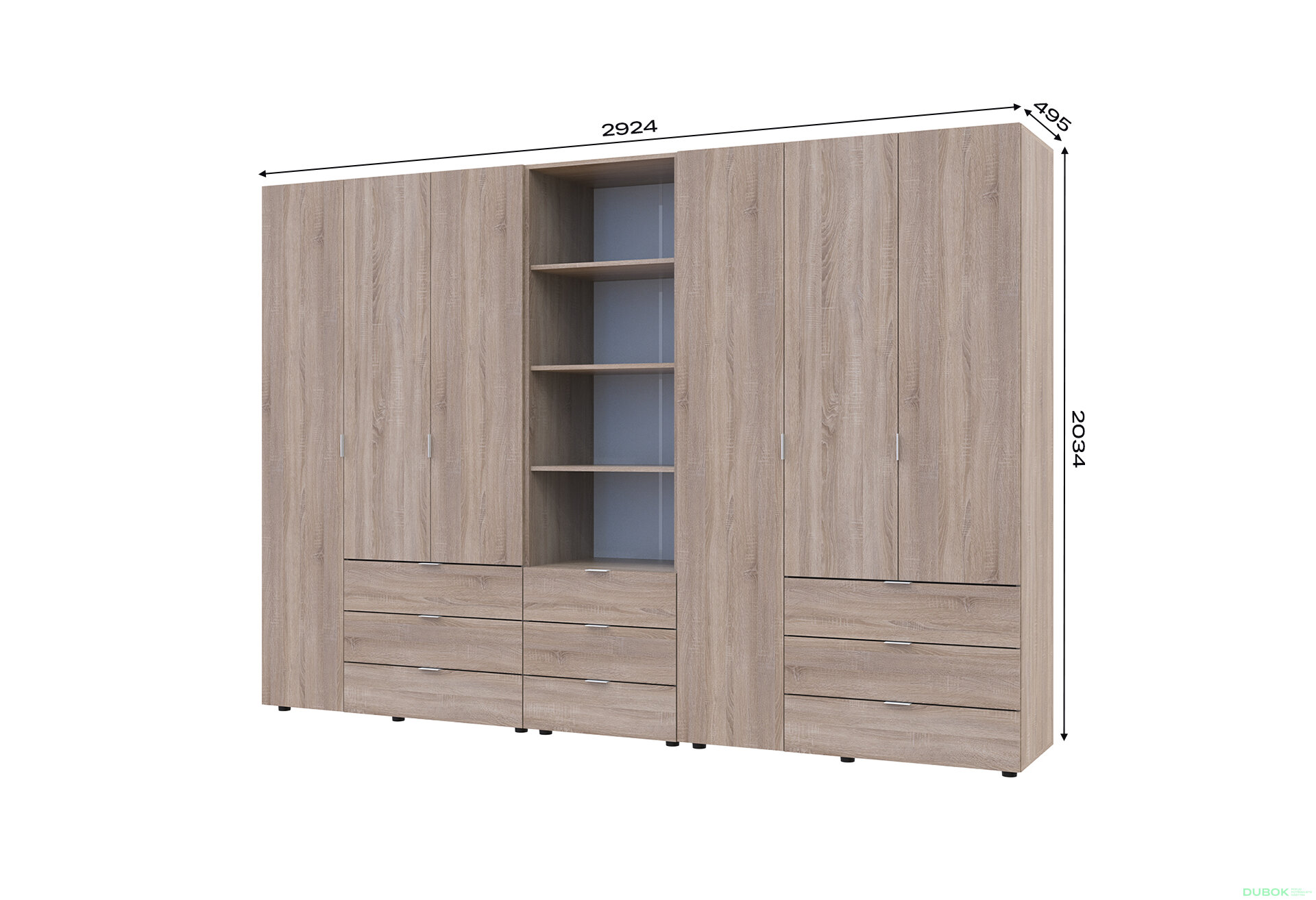 Obrázek 7 - Skříň šestidveřová s regálem se zásuvkami Gelar 292.4 cm dub sonoma