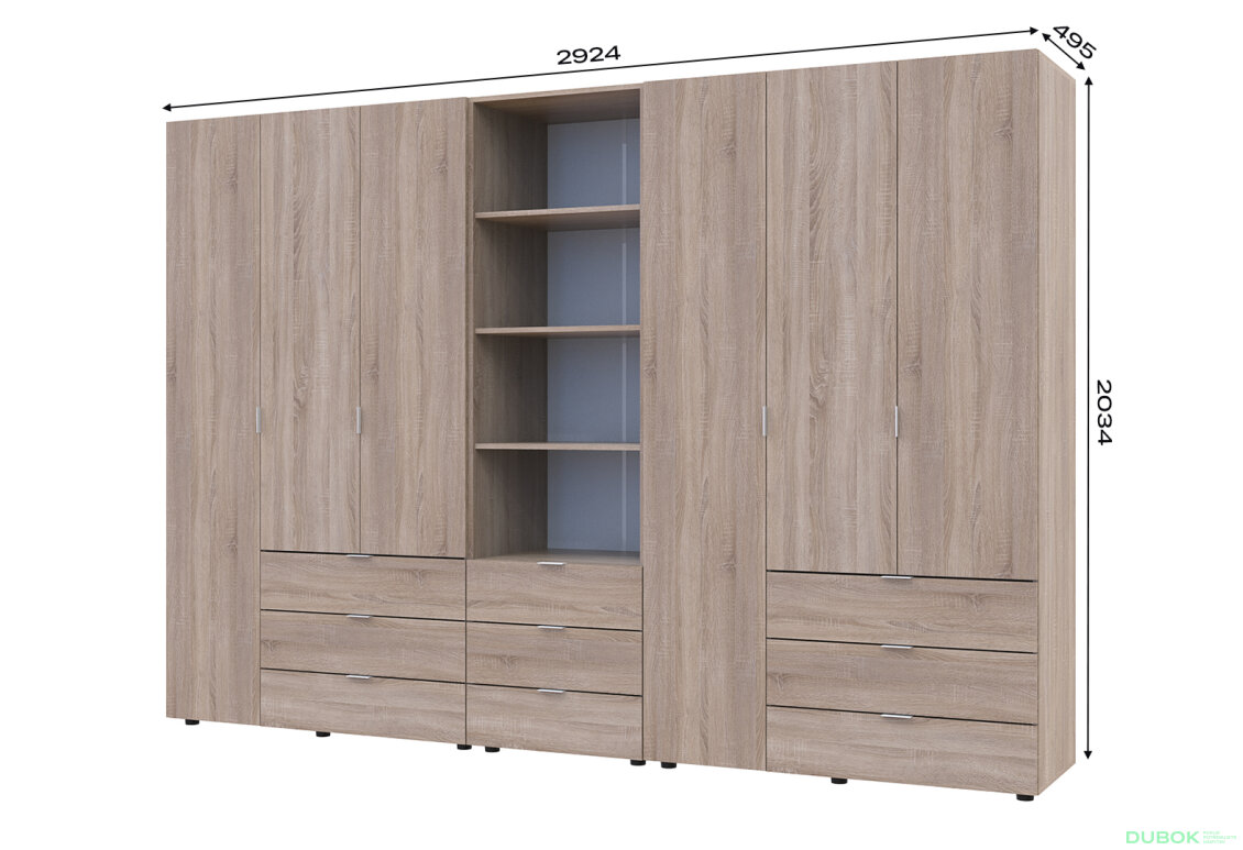 Obrázek 7 - Skříň šestidveřová s regálem se zásuvkami Gelar 292.4 cm dub sonoma