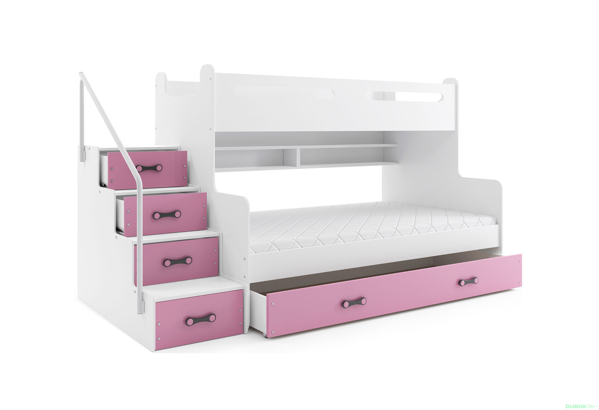 Obrázek 1 - Patrová postel Max 3 bílé / růžový 80x200 / 120x200 + zásuvka, s roštem, matrací