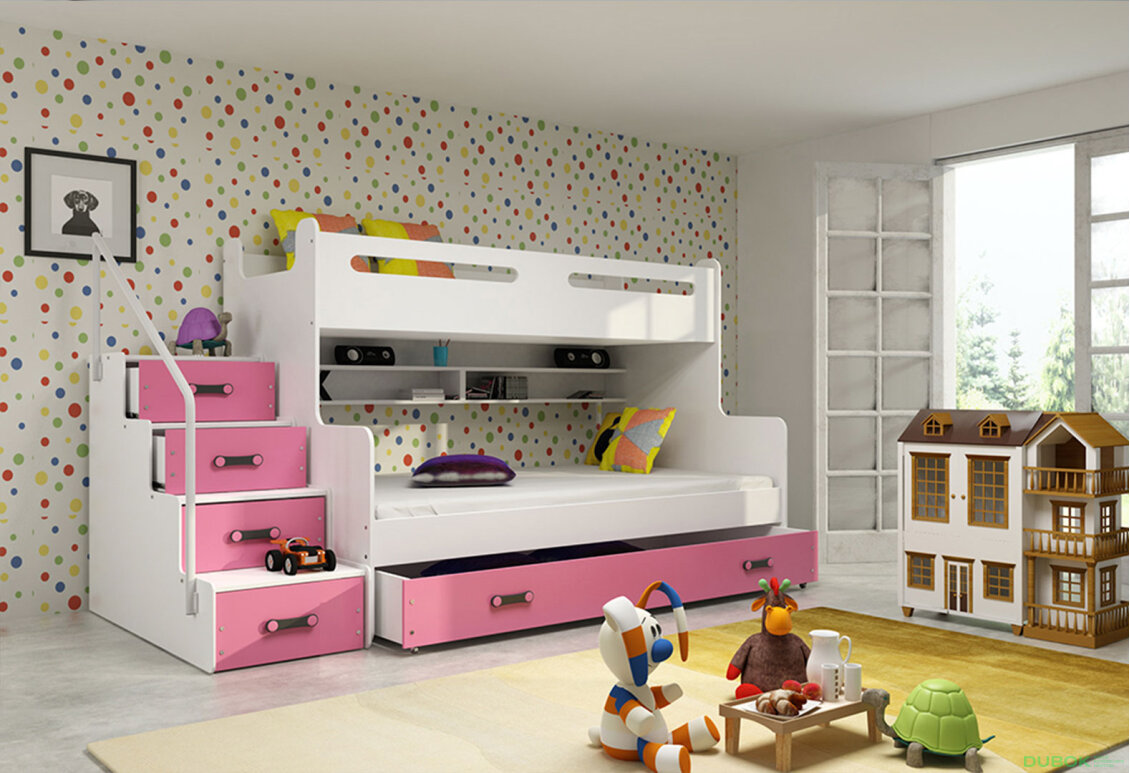 Obrázek 2 - Patrová postel Max 3 bílé / růžový 80x200 / 120x200 + zásuvka, s roštem, matrací