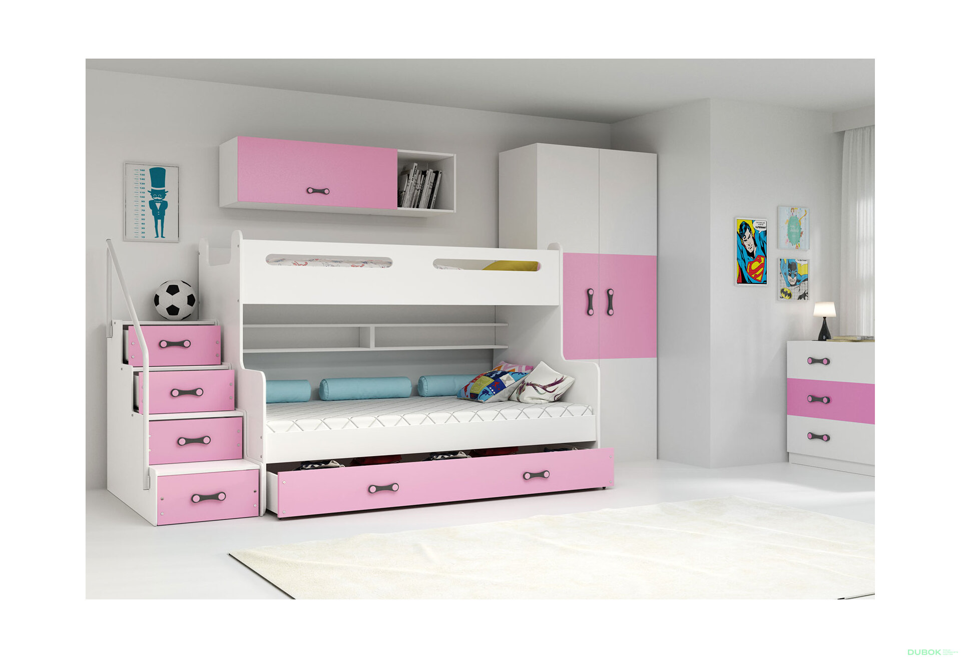 Obrázek 3 - Patrová postel Max 3 bílé / růžový 80x200 / 120x200 + zásuvka, s roštem, matrací