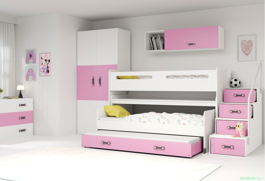 Obrázek 4 - Patrová postel Max 1 pro tři osoby bílé / růžový 80x200 cm s roštem, matrací