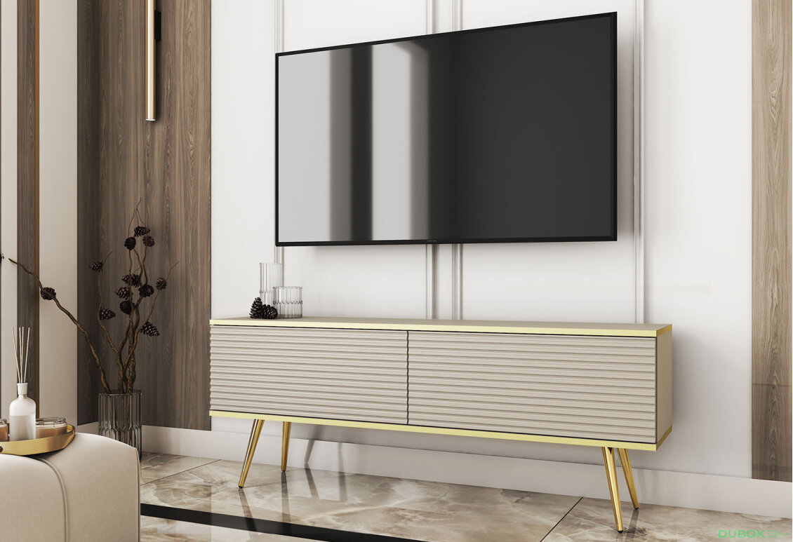 Obrázek 2 - TV stolek RTV 135 MDF béžový, zlaté nohy Oro