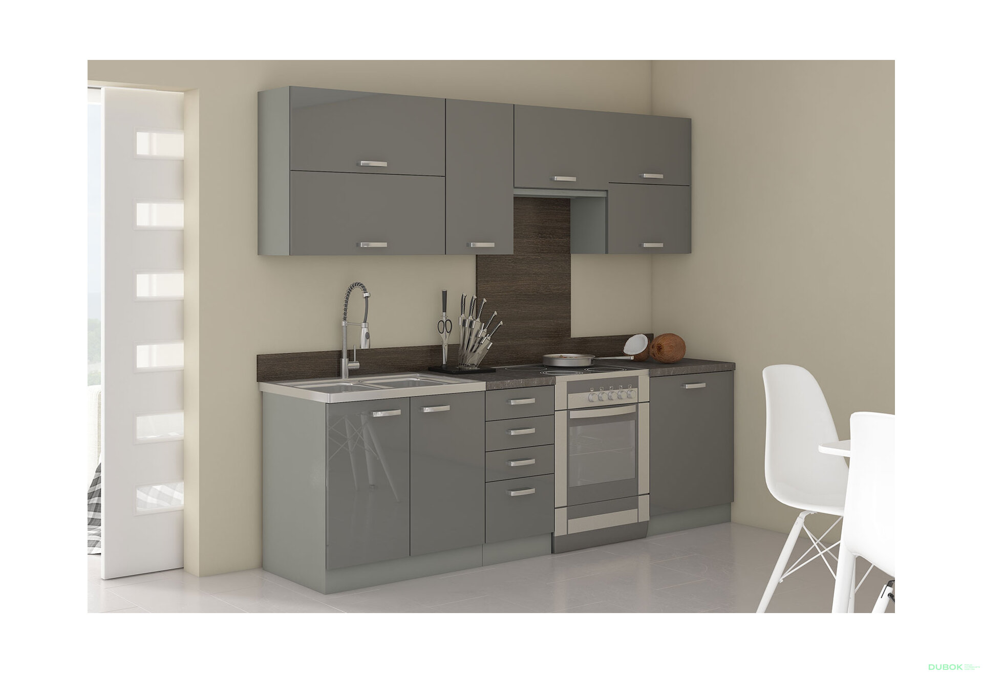 Obrázek 1 - Kuchyňská sestava 2.4 m Grey šedý platinový / šedý lesk