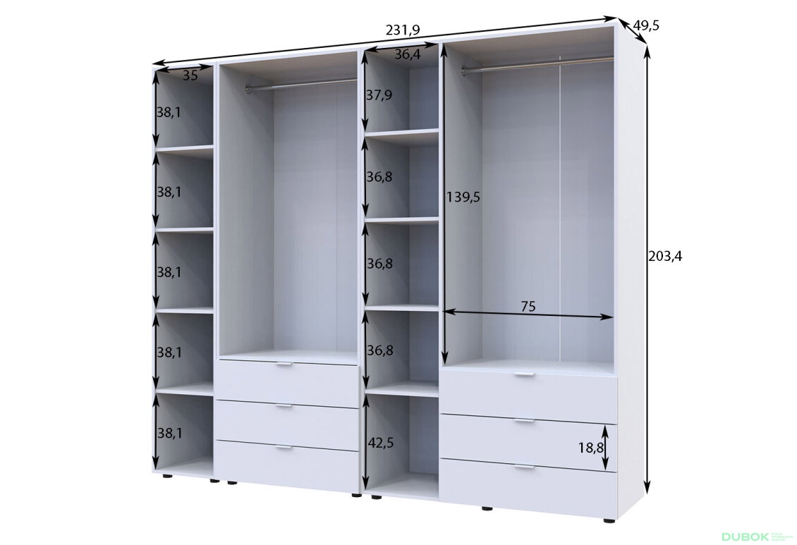 Obrázek 6 - Skříň pětidveřová s regálem Gelar 232 cm Bílá