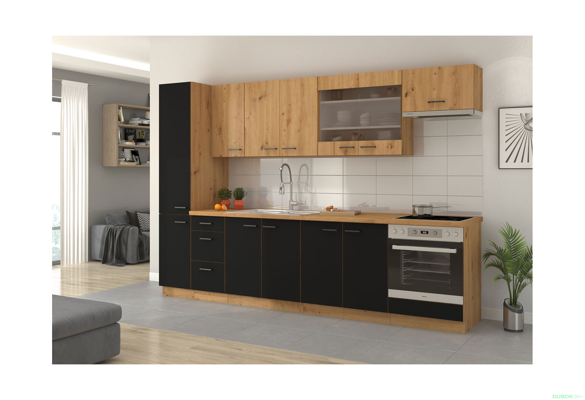 Obrázek 1 - Kuchyňská sestava 3.0 m dub artisan / černý mat Modena