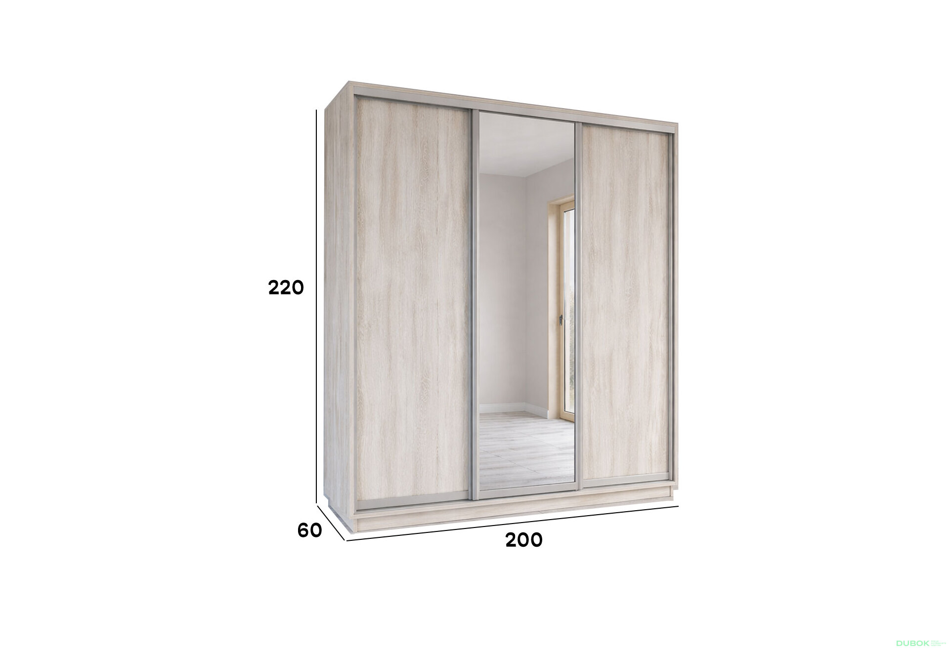 Obrázek 4 - Skříň s posuvnými dveřmi 2000x2200x600 2LTD 1 Zrcadlo Artwood světlý, profil stříbrný