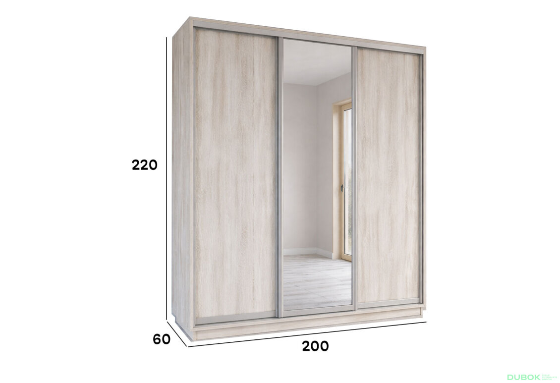Obrázek 4 - Skříň s posuvnými dveřmi 2000x2200x600 2LTD 1 Zrcadlo Artwood světlý, profil stříbrný