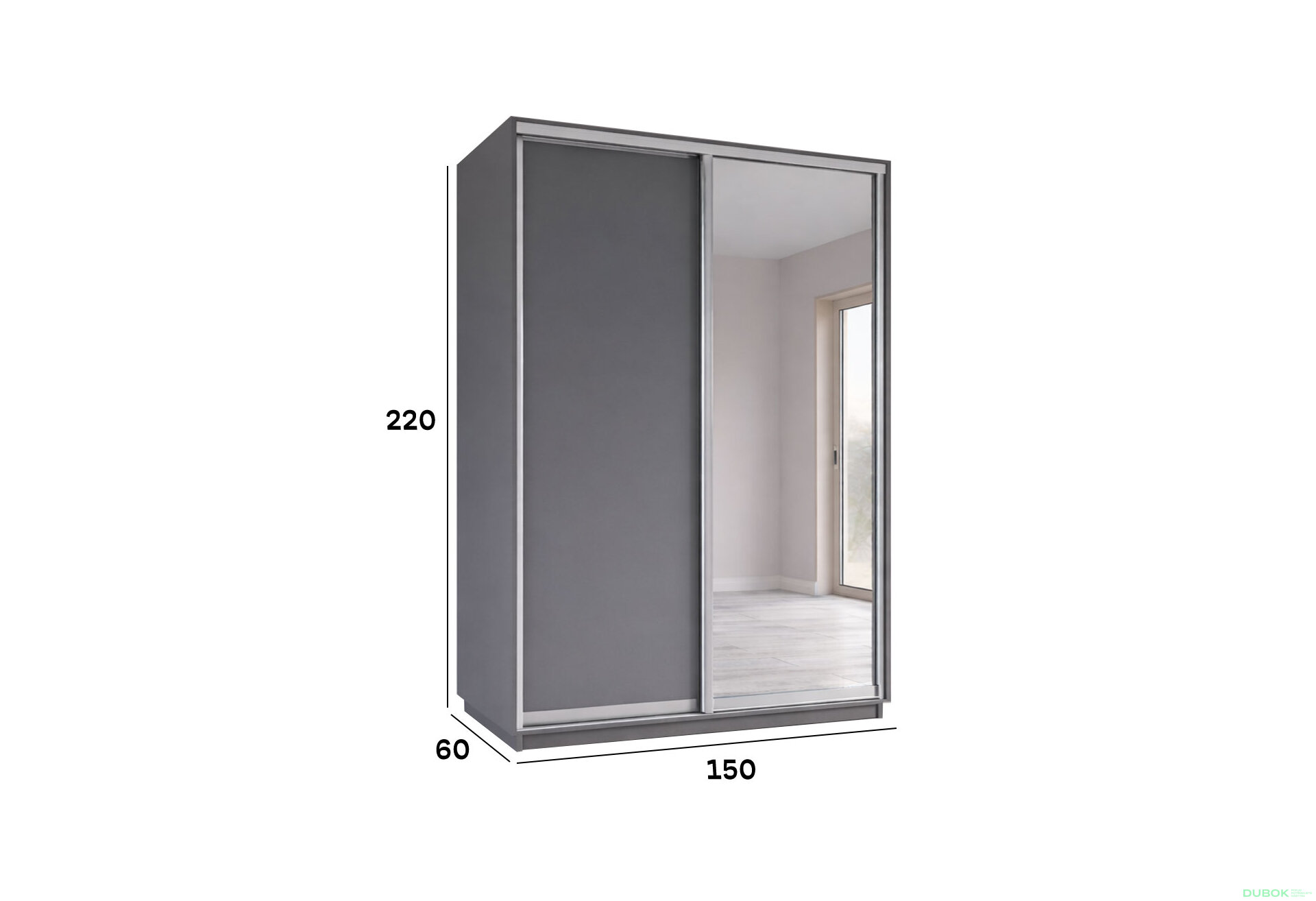 Obrázek 4 - Skříň s posuvnými dveřmi 1500x2200x600 1LTD 1 Zrcadlo grafit šedý, profil stříbrný