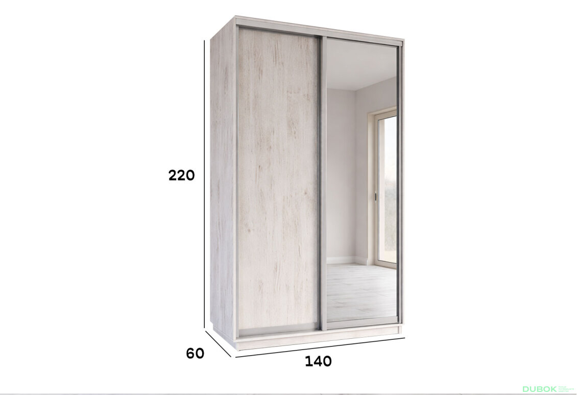 Obrázek 4 - Skříně s posuvnými dveřmi 1400x2200x600 1LTD 1 Zrcadlo Dub Craft bílý, profil stříbrný