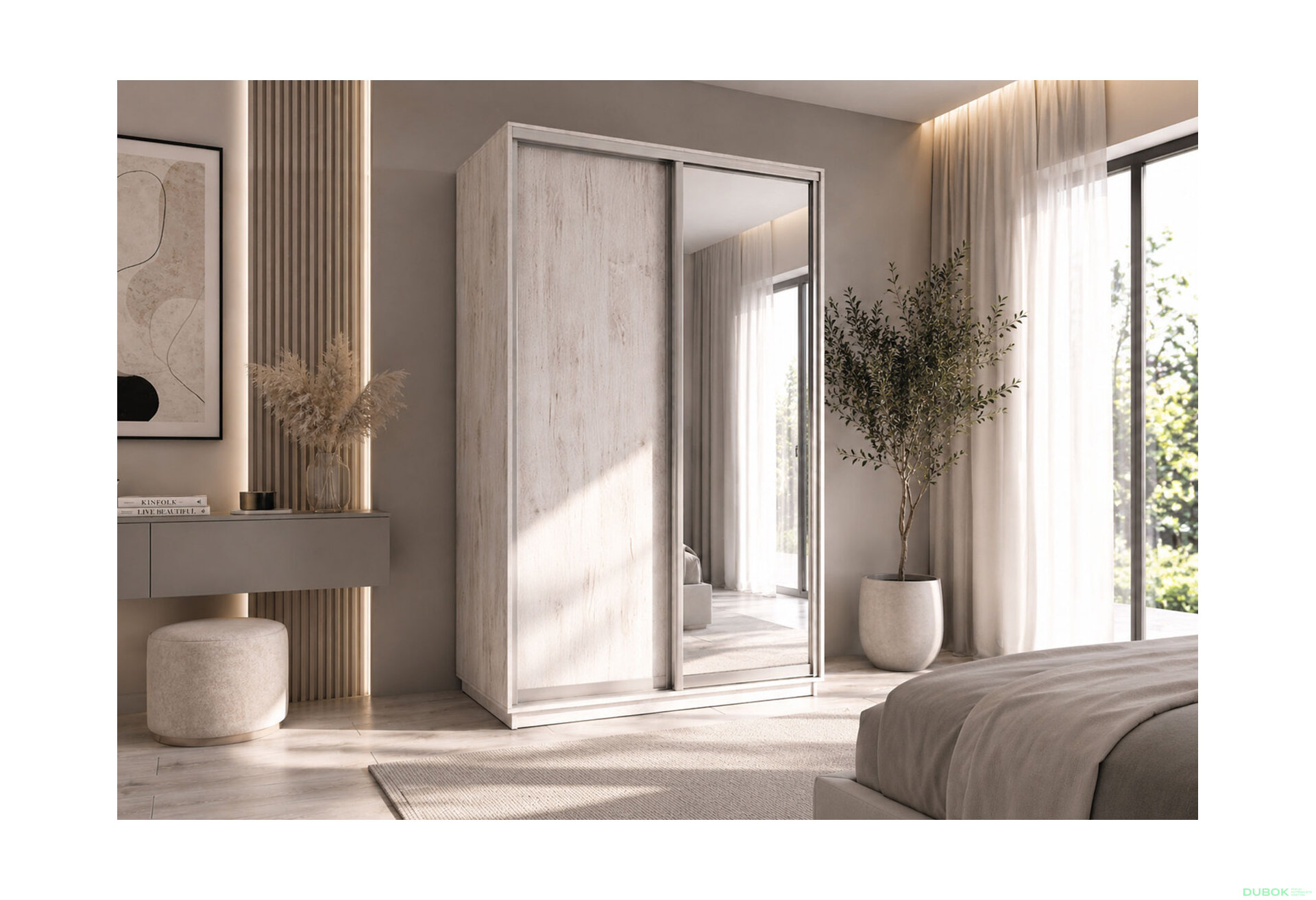 Obrázek 2 - Skříně s posuvnými dveřmi 1400x2200x600 1LTD 1 Zrcadlo Dub Craft bílý, profil stříbrný