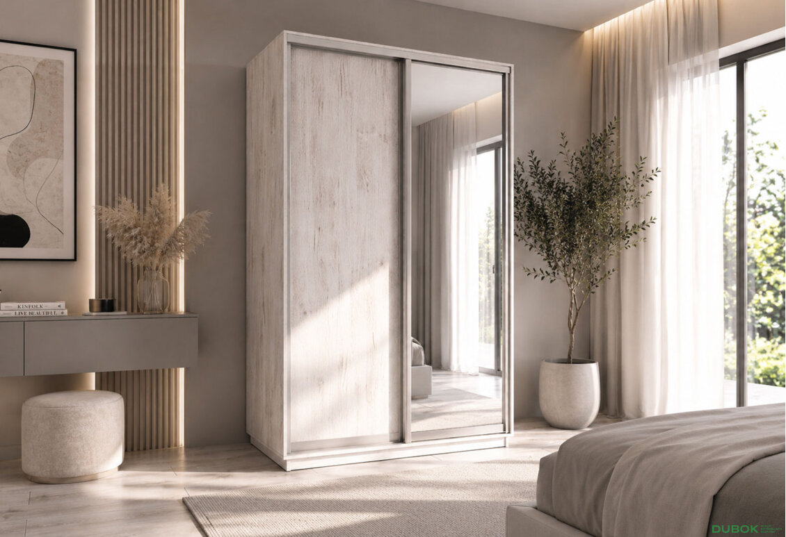 Obrázek 2 - Skříně s posuvnými dveřmi 1400x2200x600 1LTD 1 Zrcadlo Dub Craft bílý, profil stříbrný