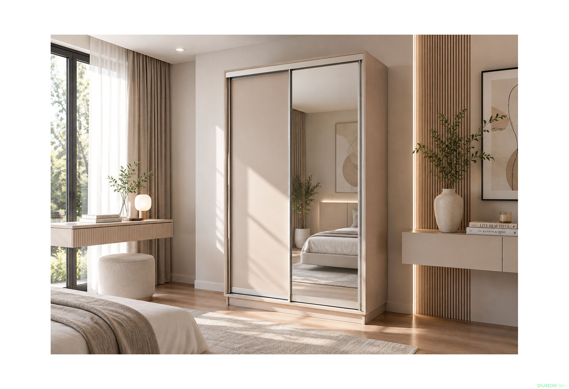 Obrázek 2 - Skříň s posuvnými dveřmi 1400x2200x600 1LTD 1 Zrcadlo Kašmír, profil stříbrný