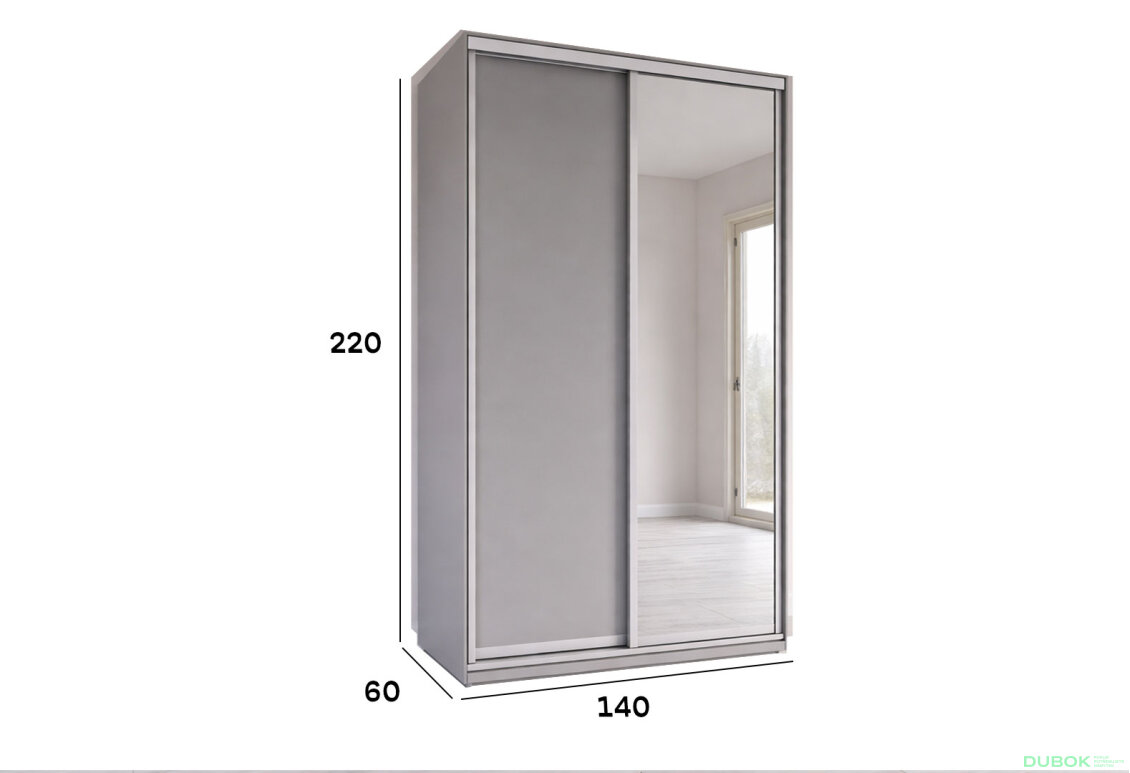 Obrázek 4 - Skříň s posuvnými dveřmi 1400x2200x600 1LTD 1 Zrcadlo myší šedá, profil stříbrný