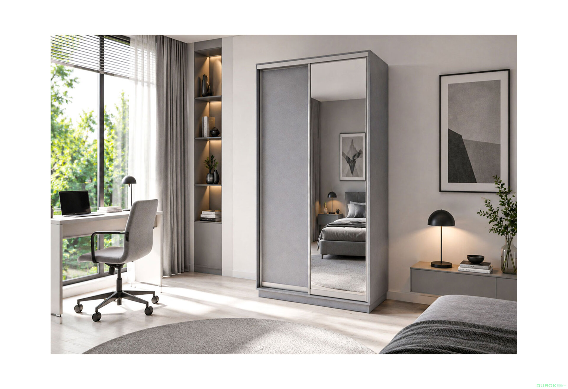 Obrázek 2 - Skříň s posuvnými dveřmi 1200x2400x600 1LTD 1 Zrcadlo myší šedá, profil stříbrný