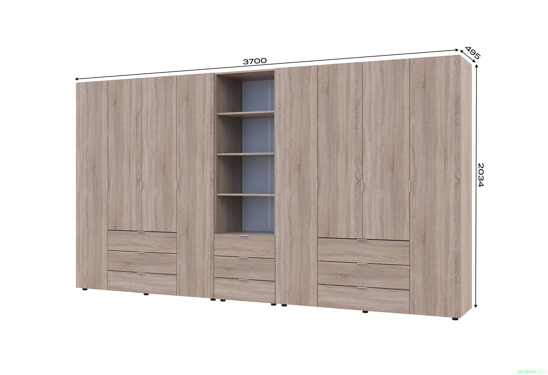 Obrázek 7 - Skříň osmidveřová s regálem se zásuvkami Gelar 370 cm dub sonoma