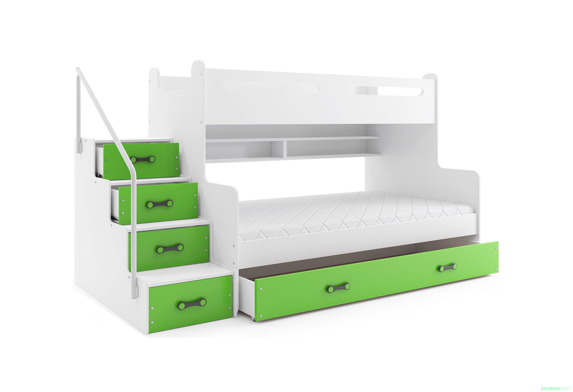 Obrázek 1 - Patrová postel Max 3 bílé / zelený 80x200 / 120x200 + zásuvka, s roštem, matrací