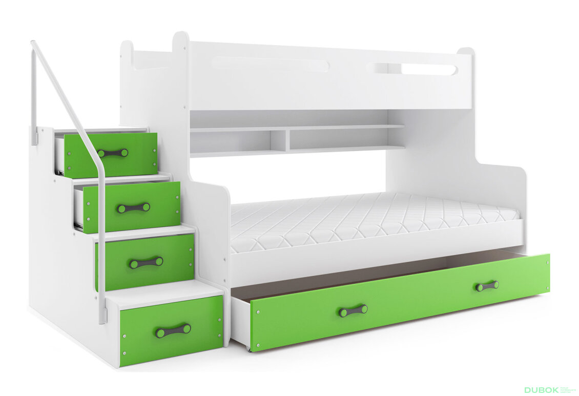 Patrová postel Max 3 bílé / zelený 80x200 / 120x200 + zásuvka, s roštem, matrací