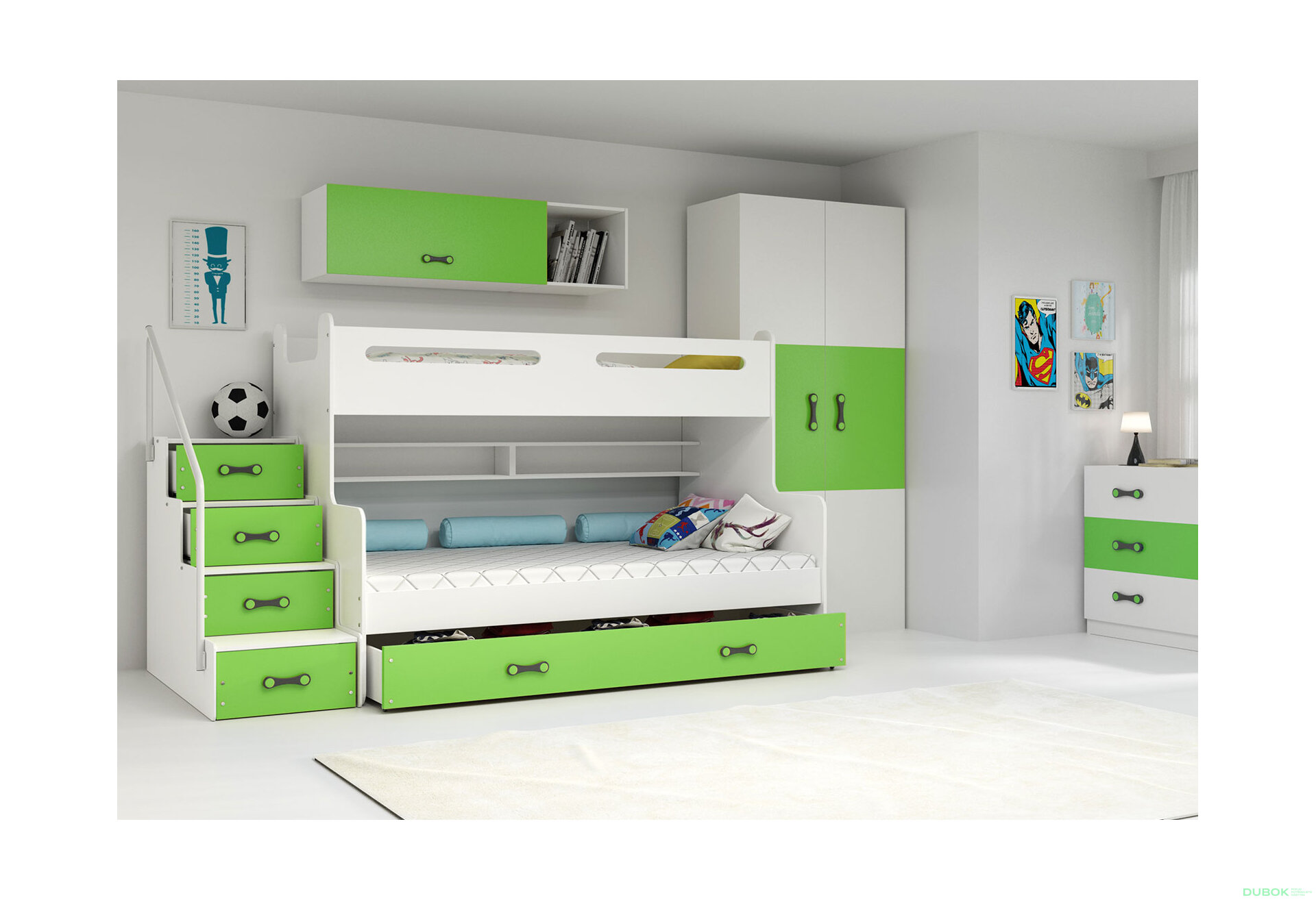 Obrázek 3 - Patrová postel Max 3 bílé / zelený 80x200 / 120x200 + zásuvka, s roštem, matrací
