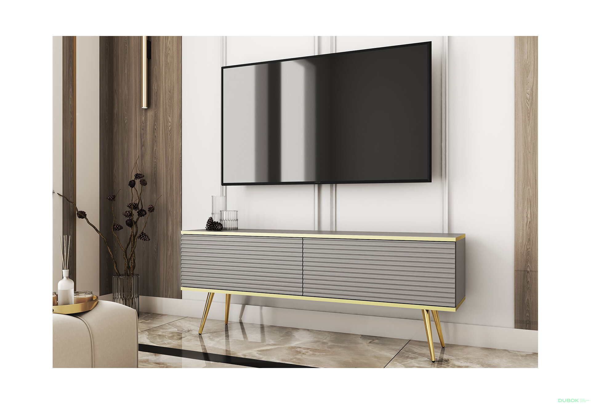 Obrázek 2 - TV stolek RTV 135 MDF šedý, zlaté nohy Oro