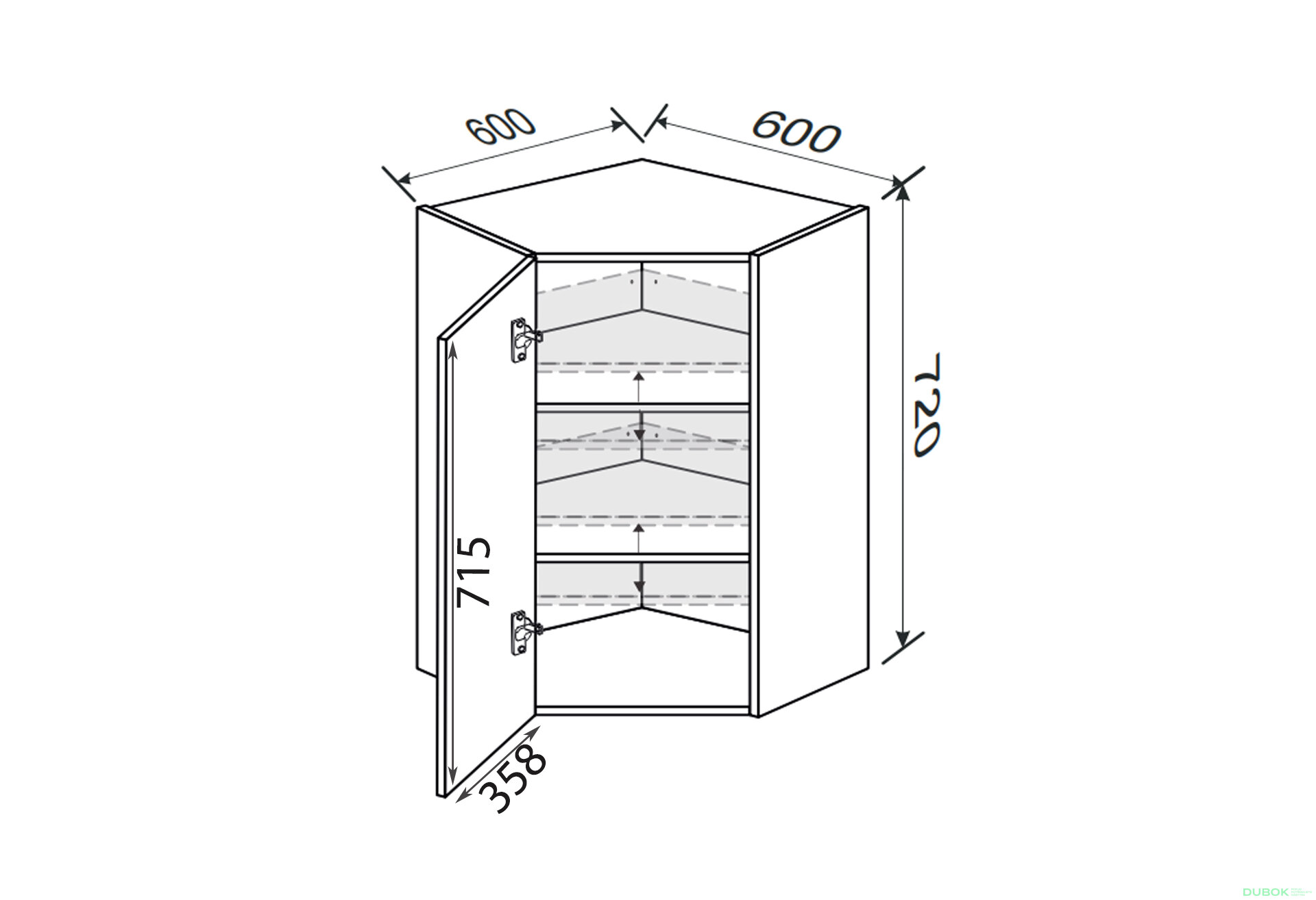 Obrázek 2 - Vrchní roh 45°/720 (600x600) 1dveře Leo