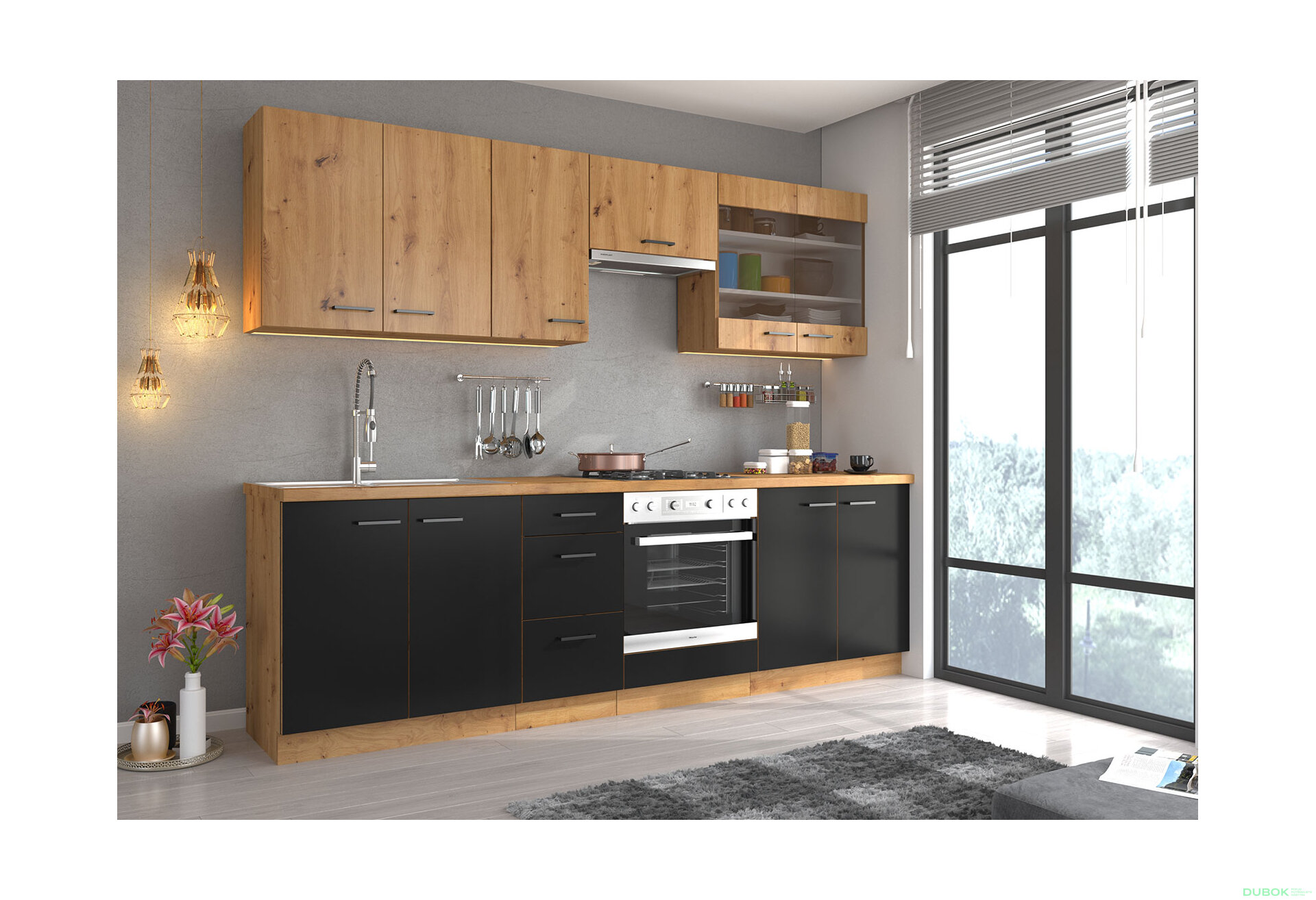 Obrázek 1 - Kuchyňská sestava 2.6 m (I) dub artisan / černý mat Modena