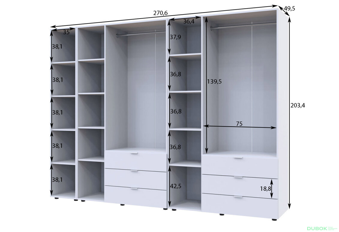 Obrázek 5 - Skříň šestidveřová s regálem Gelar 271 cm Bílá