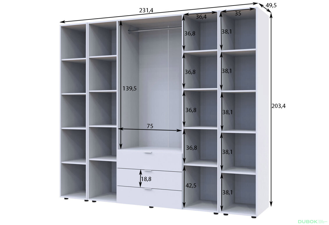 Obrázek 5 - Skříň čtyřdveřová se 2 regály Gelar 231.4 cm Bílá