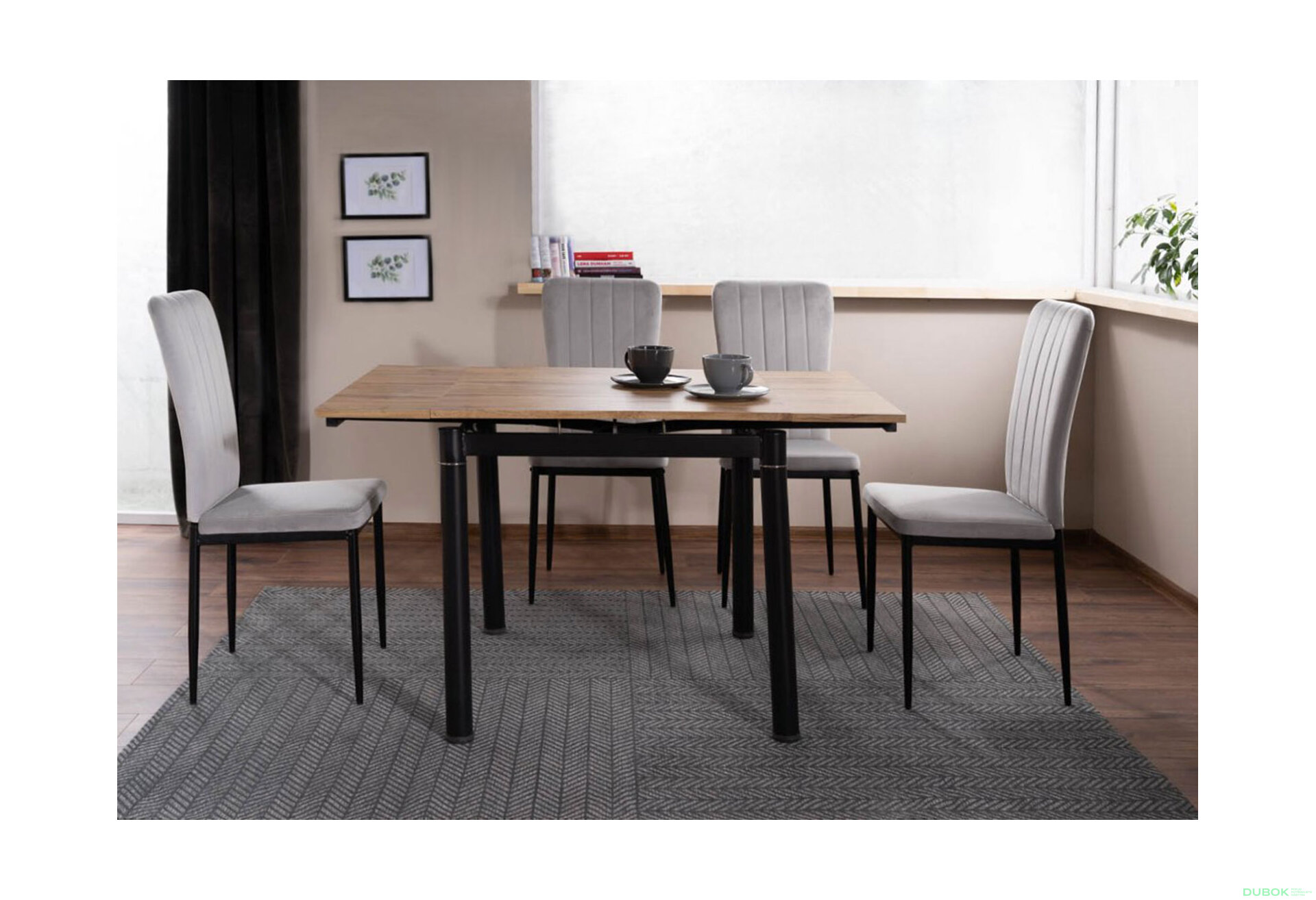 Obrázek 3 - Stůl GD-082 80(131)x80 dub artisan + 4 židle H-733 šedý Gandar 06 / matná černá kov