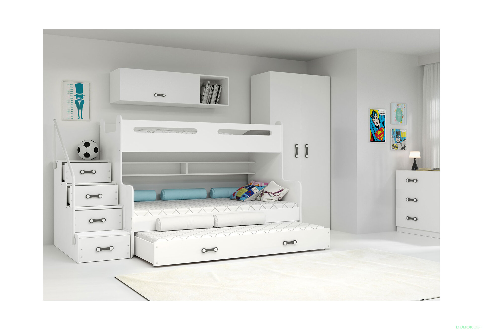 Obrázek 2 - Patrová postel Max 3 pro tři osoby bílé 80x200 / 120x200 / 80x190, s roštem, matrací