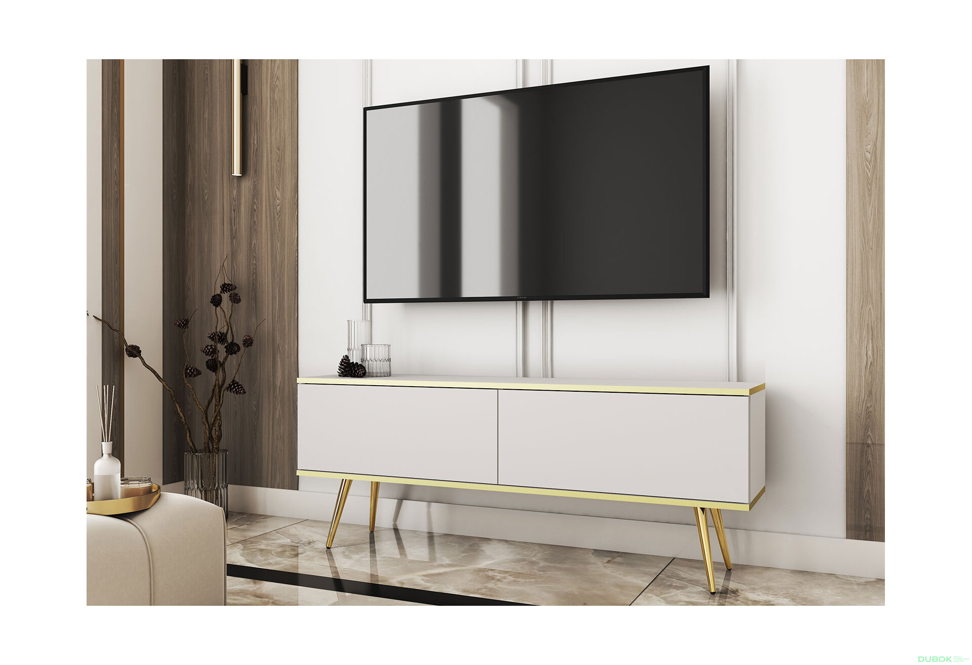 Obrázek 2 - TV stolek RTV 135 bílý, zlaté nohy Oro