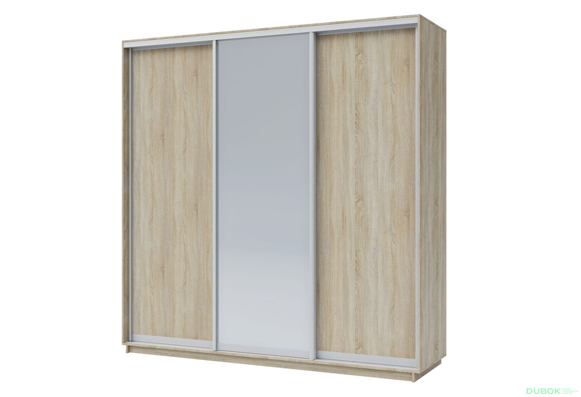 Skříň 250x240x60 dub sonoma, 2 dřevotříska+1 zrcadlo, stříbrný profil