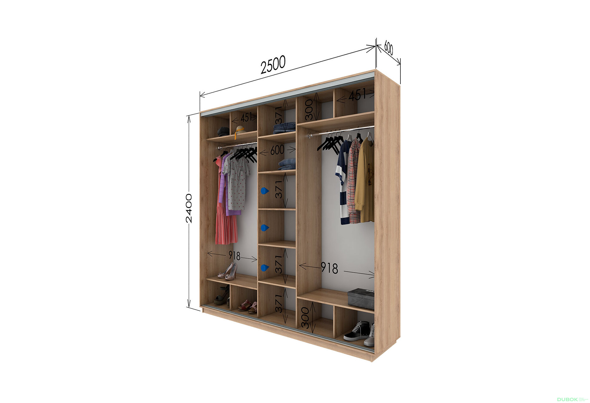 Obrázek 2 - Skříň 250x240x60 dub sonoma, 2 dřevotříska+1 zrcadlo, stříbrný profil