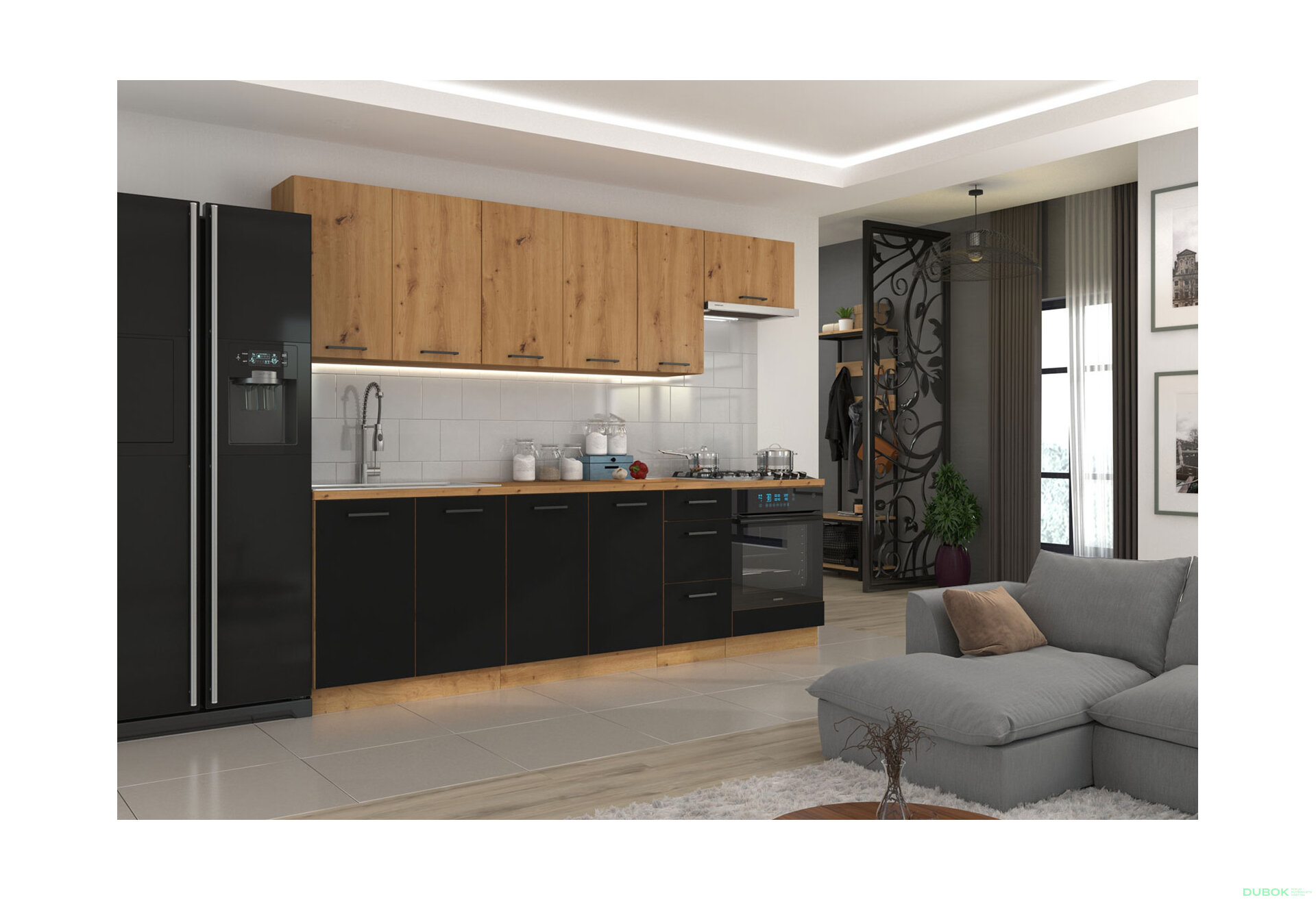 Obrázek 1 - Kuchyňská sestava 2.6 m (III) dub artisan / černý mat Modena