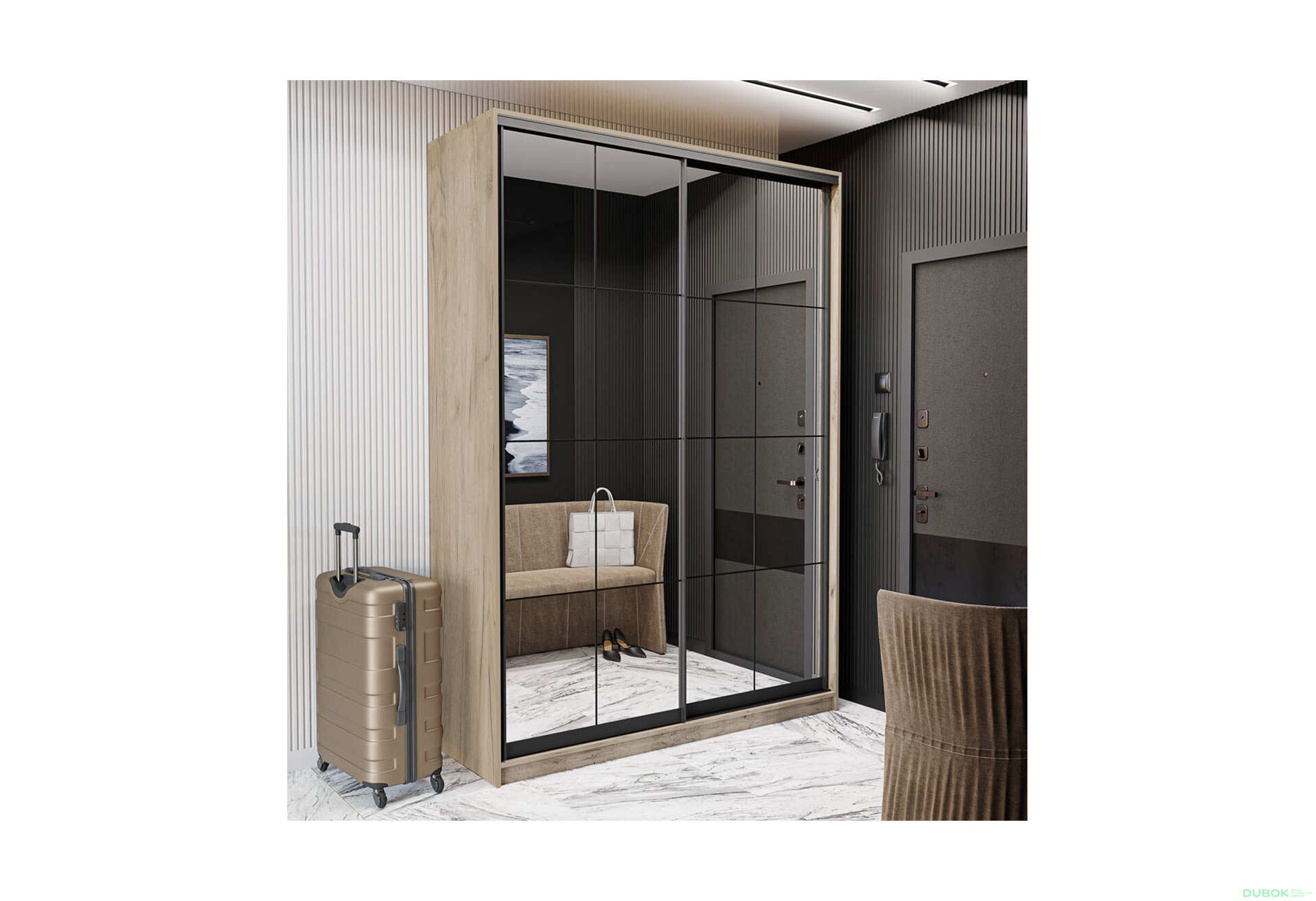 Obrázek 3 - Skříň 2D Loft 1200x2400x600, 2 zrcadla Lines BL, Dub kraft šedý