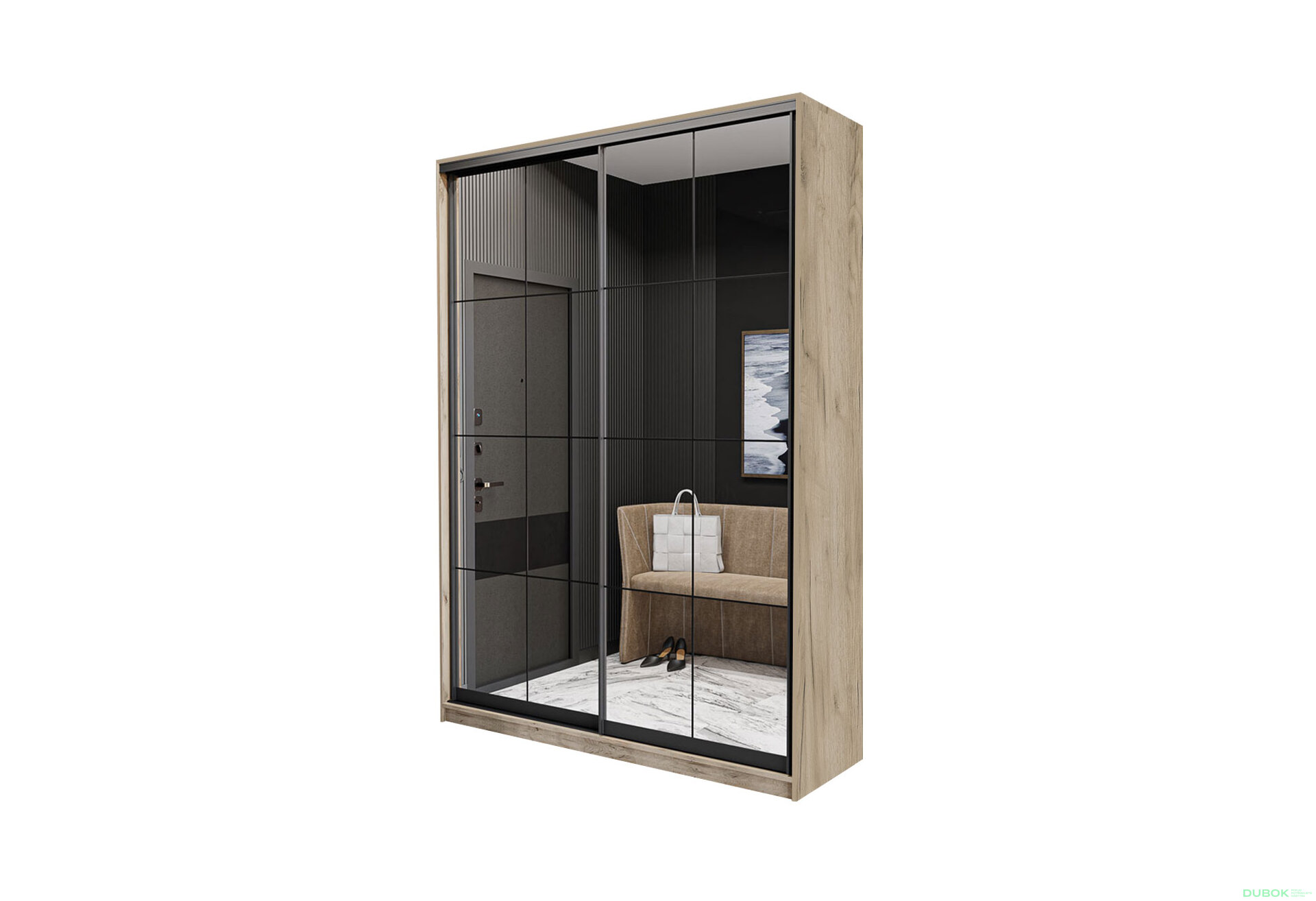 Obrázek 2 - Skříň 2D Loft 1200x2400x600, 2 zrcadla Lines BL, Dub kraft šedý